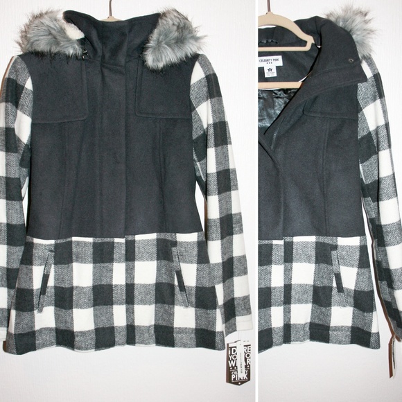 Contrast Plaid Fur Trimmed Hooded Wool Coat NWT - Picture 4 of 8