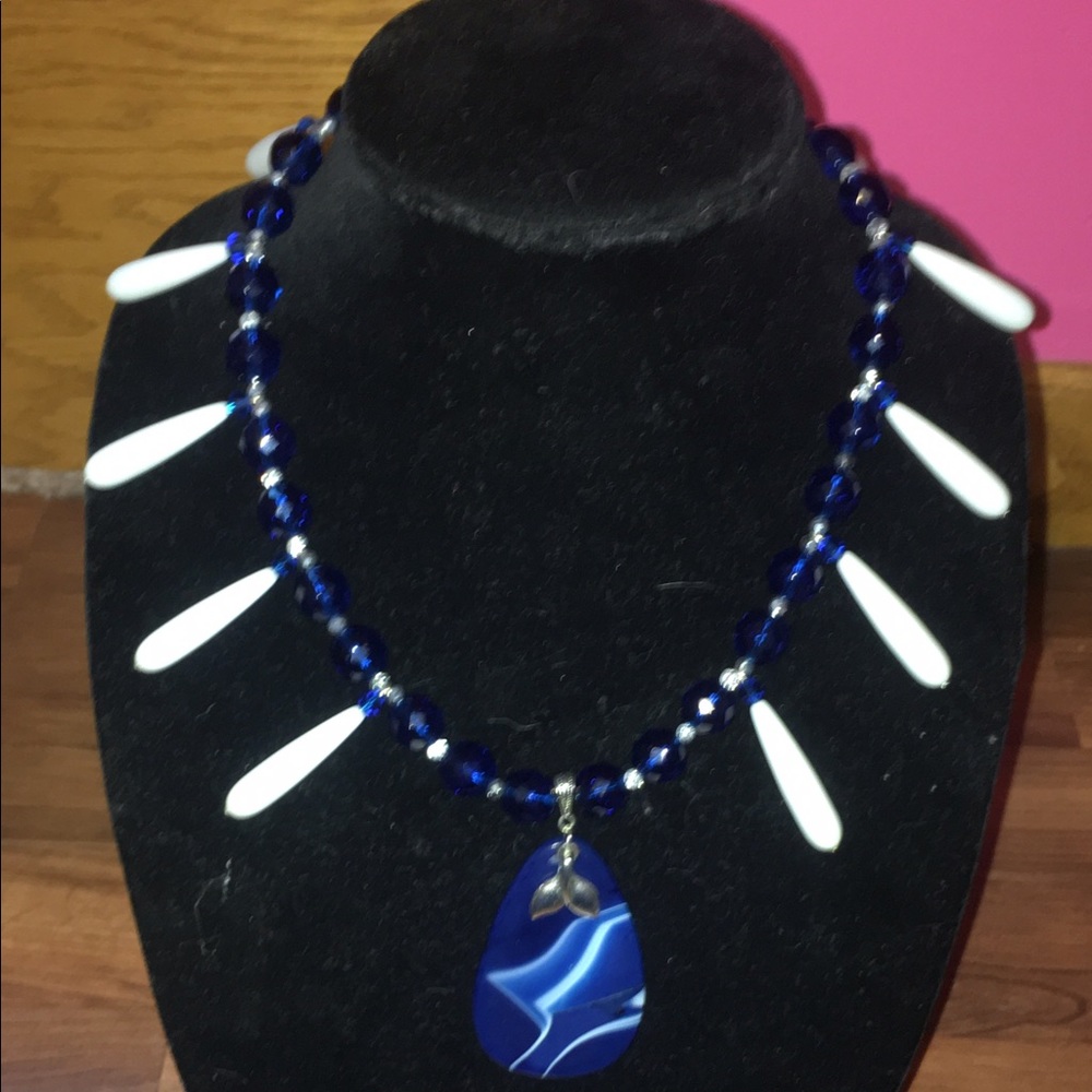 Blue Silver White Agate Whale Necklace Earring Set