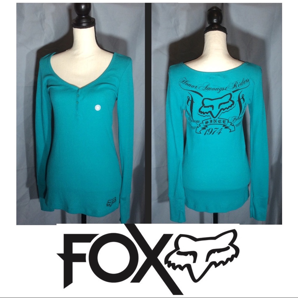 Fox Open V-Neck Thermal Henley, Size Medium, Teal