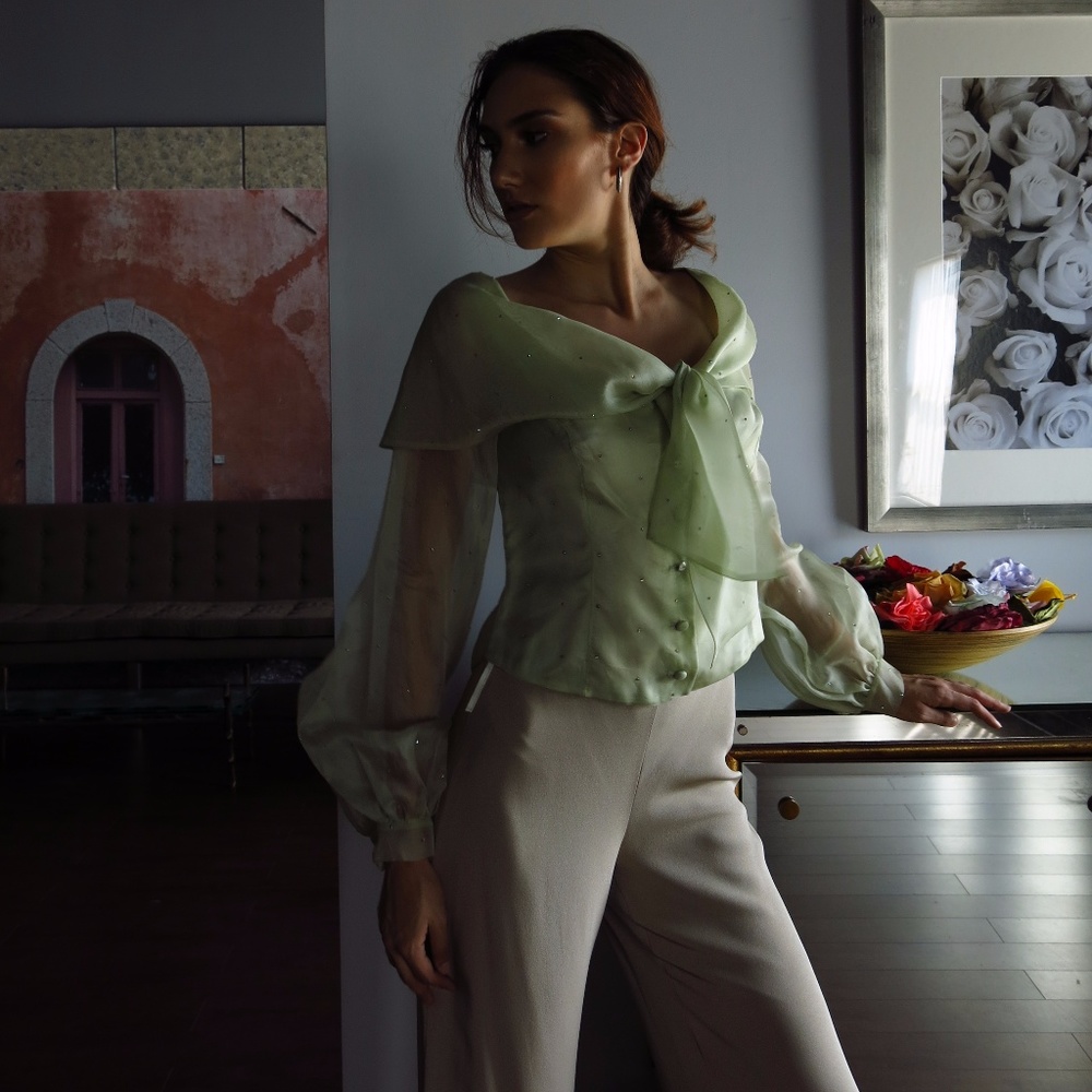Sheer Mint Blouse with Crystal Embelishment