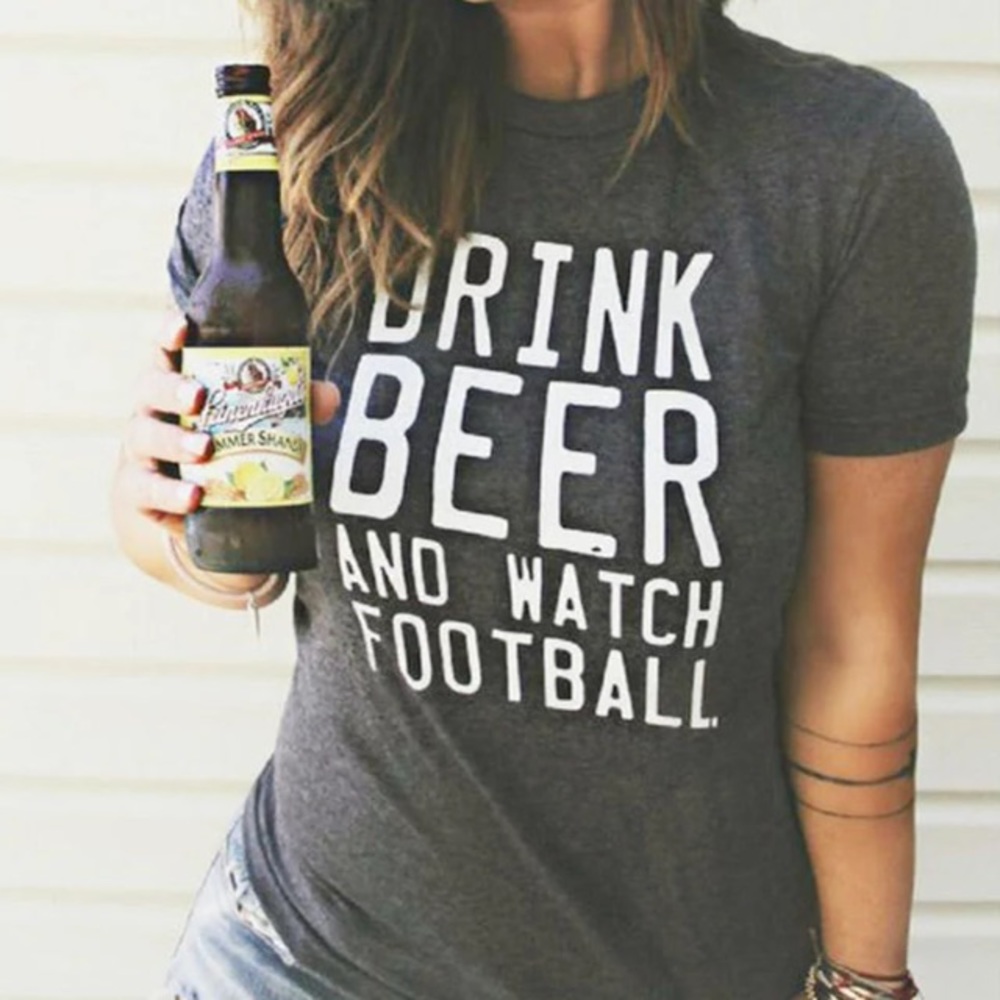 Gray Drink Beer Watch Football Graphic Tee T-Shirt