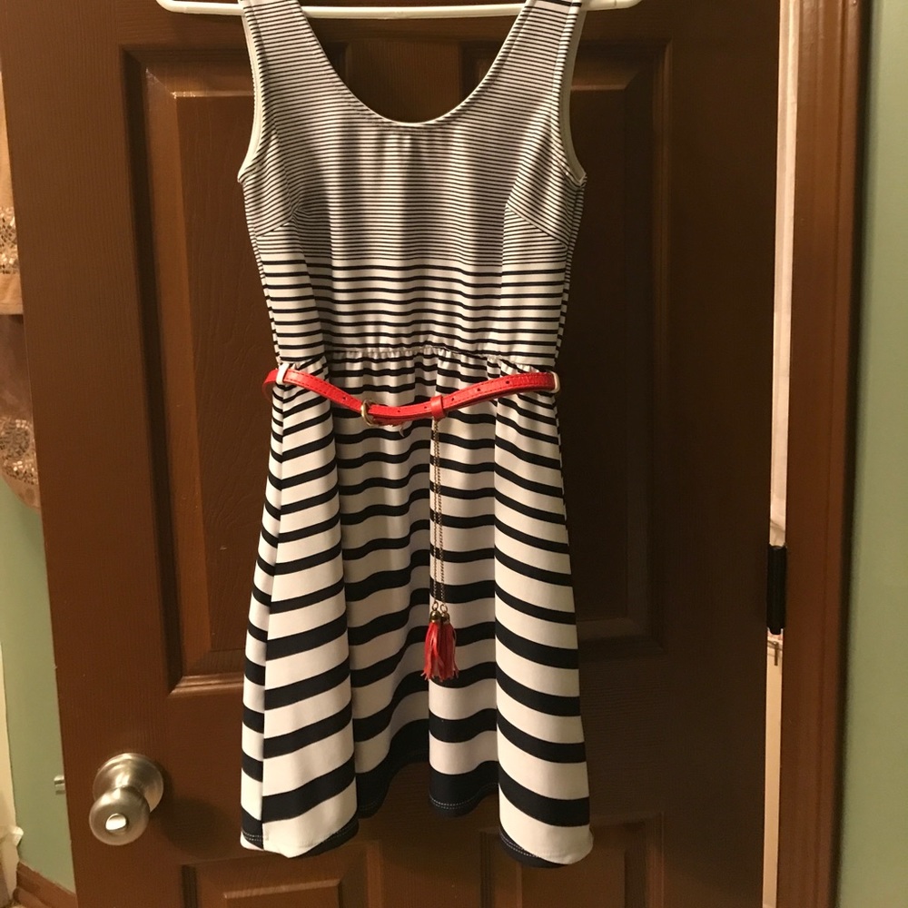 White and Navy striped dress with low back.
