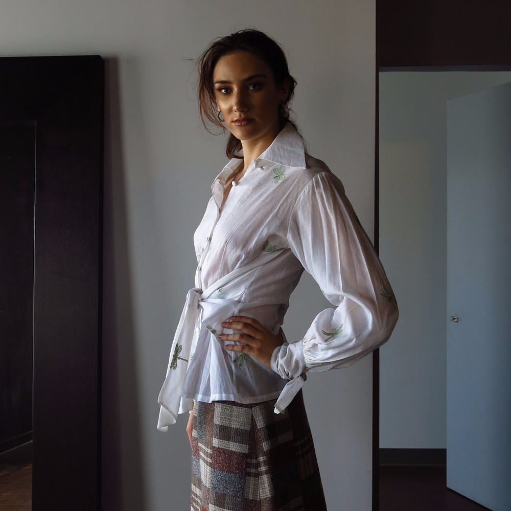 White Dragonfly Embroidery Tie-Front Blouse