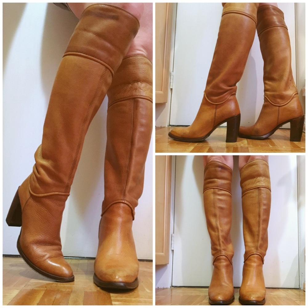 Yellow brown knee high leather boots GUC 7.5