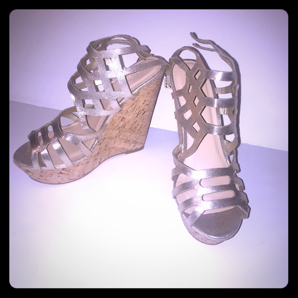 Charlotte Russe gold + cork wedges