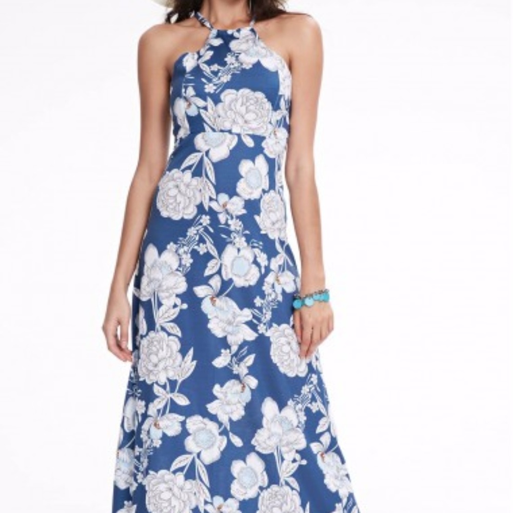 Floral Royal Blue Long Dress with keyhole back