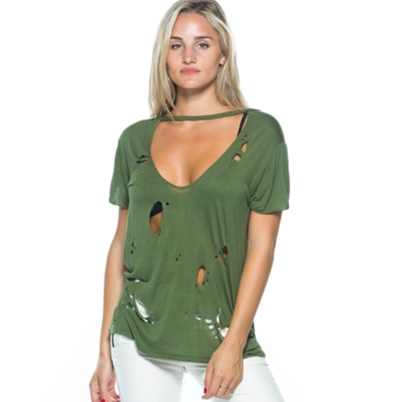 🔴LAST 1🔴 GREEN DISTRESSED CHOKER TOP - Picture 4 of 4