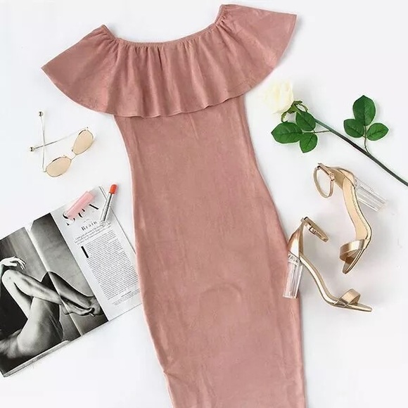 🌿RESTOCK! Blush Faux Suede Off Shoulder Bodycon🌿 - Picture 4 of 7