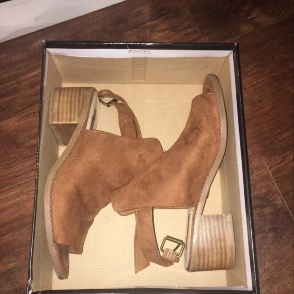 Brown open toe boots