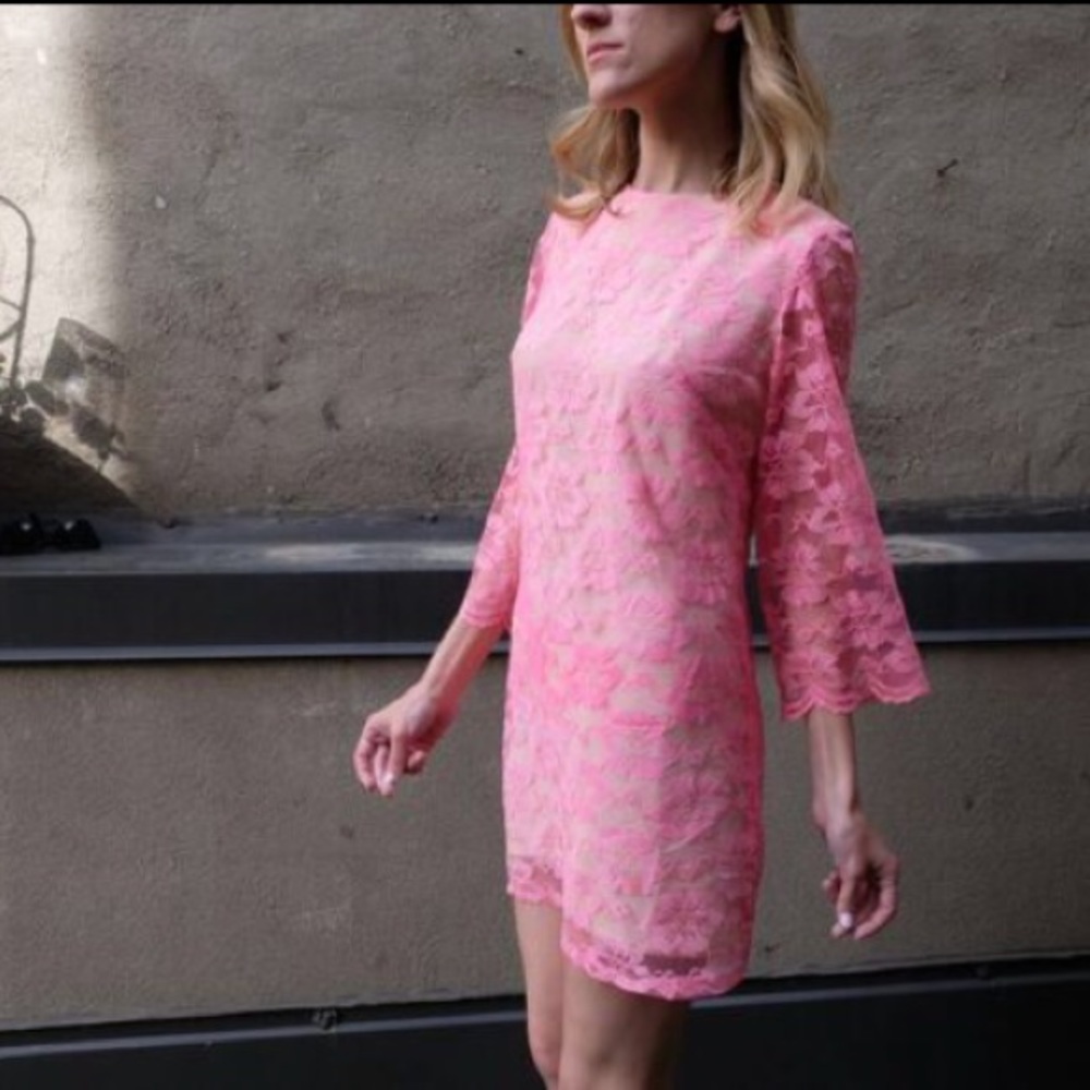 VTG 60s Neon Hot Pink Floral Lace Shift Mini Dress • Nude Slip • 3/4 Sleeve • S - Picture 16 of 16