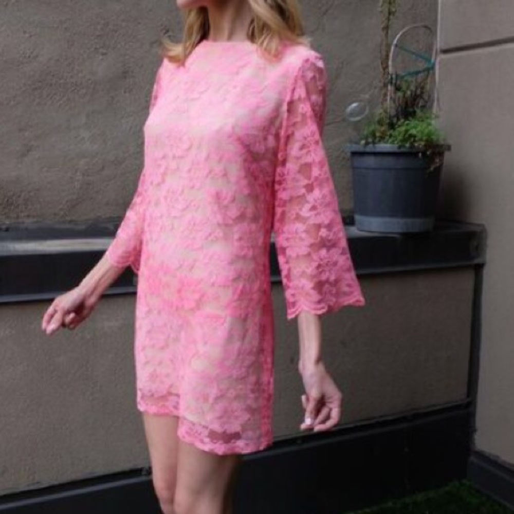 VTG 60s Neon Hot Pink Floral Lace Shift Mini Dress • Nude Slip • 3/4 Sleeve • S - Picture 15 of 16