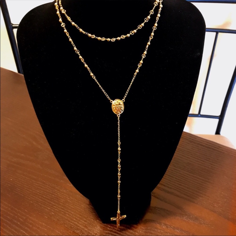 Gold Silver Black Rose Gold Rosary Cross Necklace