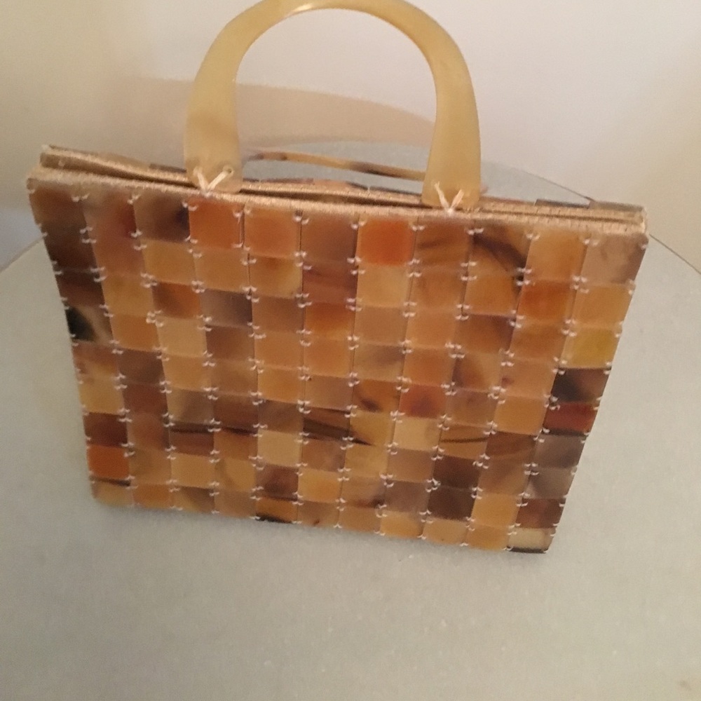 Vintage Beige and Brown Plastic Cubed Clutch