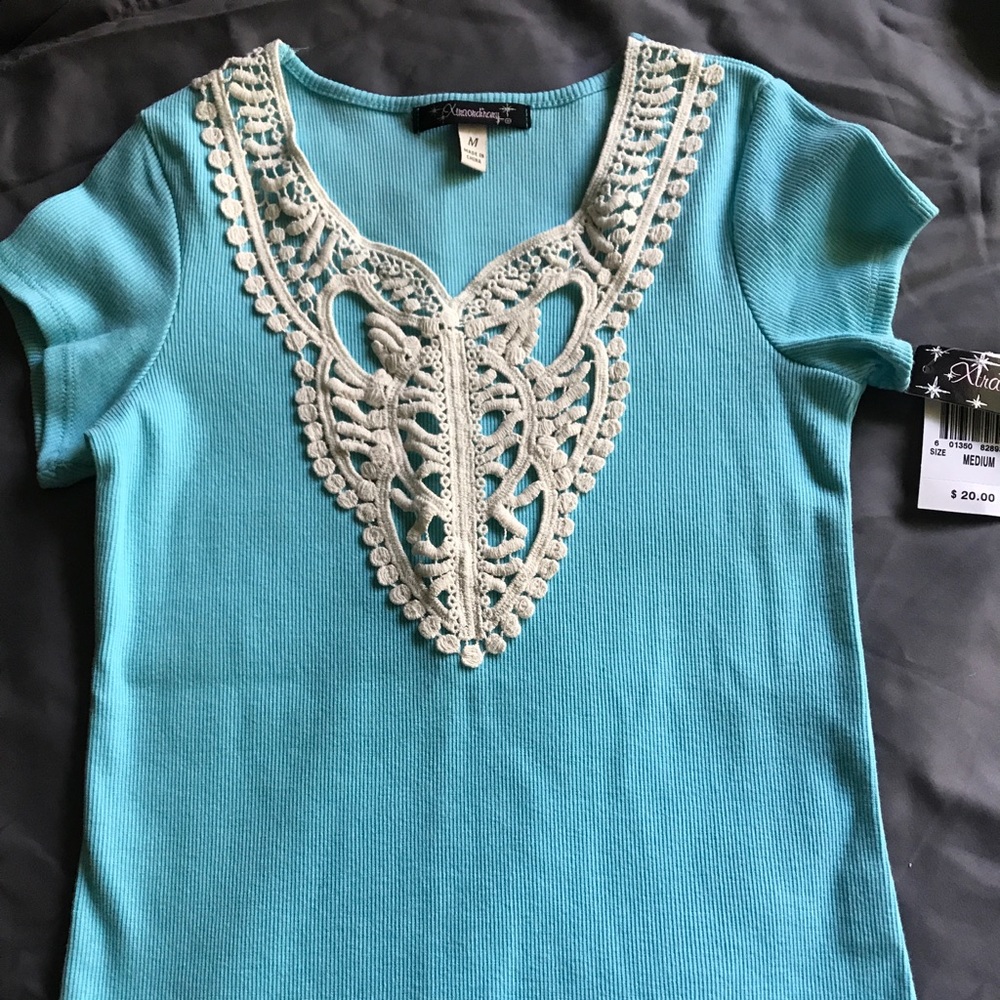 Pretty blue Xtraordinary girls top ; crochet trim