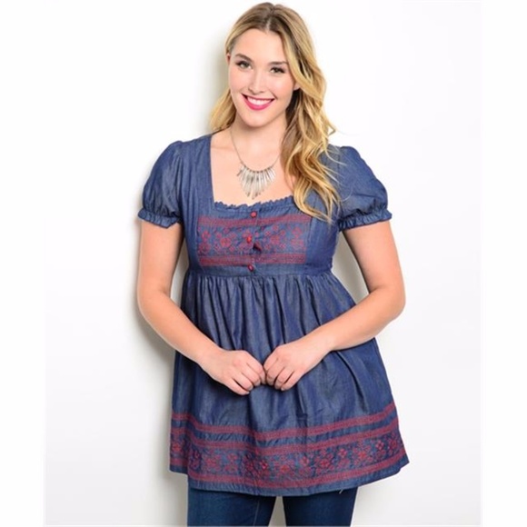 BohoBeauRoseBoutique Tops - (Plus) Curvy Chambray Denim Baby Doll Top Tunic