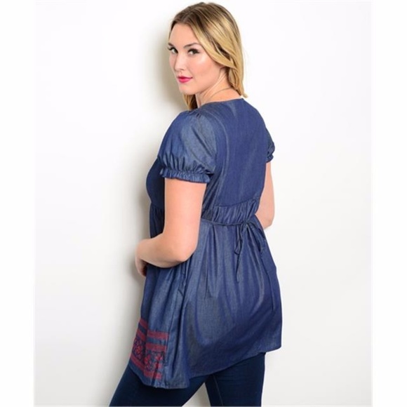 (Plus) Curvy Chambray Denim Baby Doll Top Tunic - Picture 2 of 2