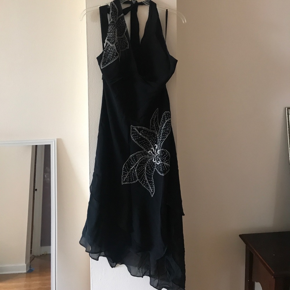Black Halter BCBGMaxAzria Dress w Asymmetrical Hem