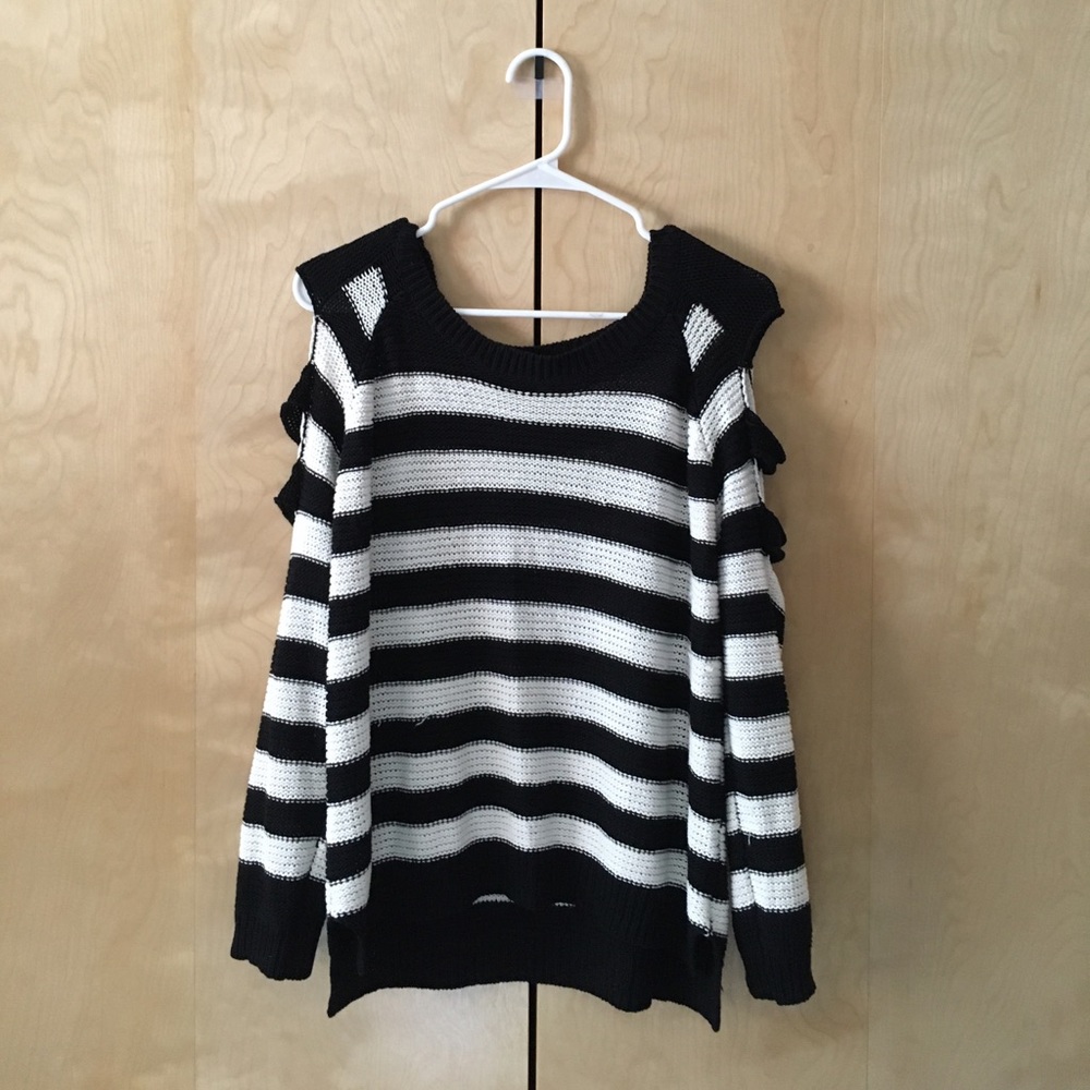 Black & white striped cold shoulder sweater