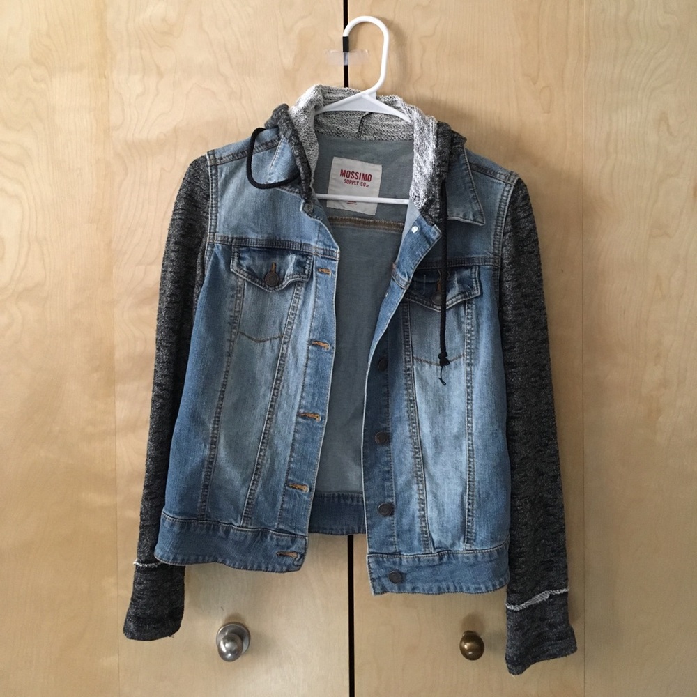 Denim jacket with grey sleeves & hood