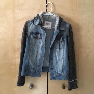Denim jacket with grey sleeves & hood