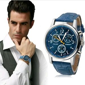 Men watch analogue quartz luxury leather wristband