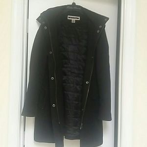 Black lined rain jacket with a hood