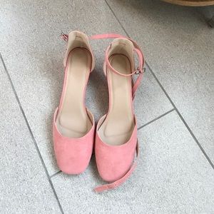 Pink suede block heels