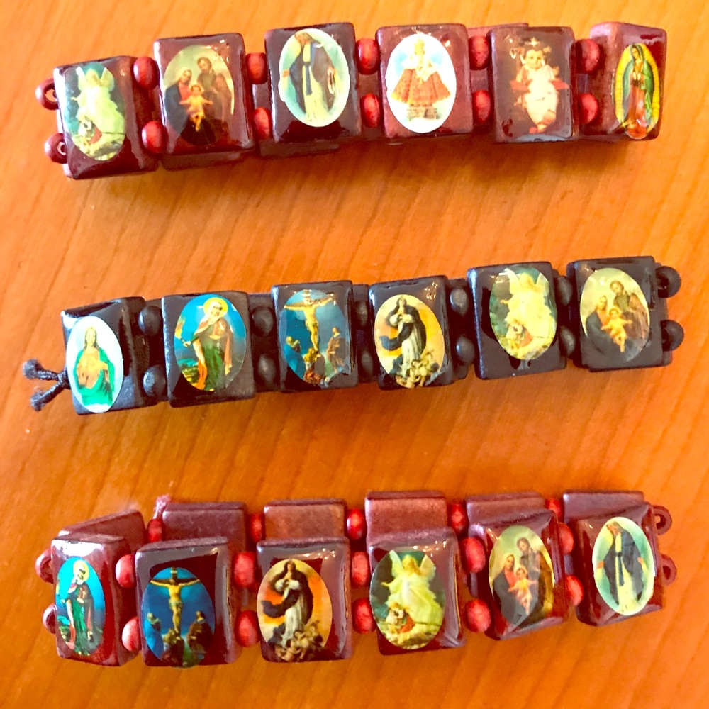 Set of three wooden religious bracelets