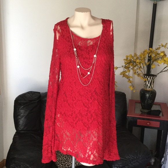 NY Collection red lace tunic size M - Picture 1 of 3