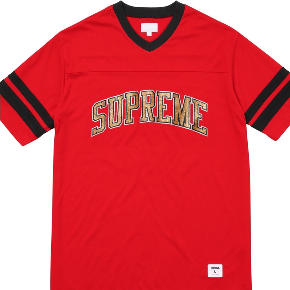 Supreme Red Arc glitter football shirt large