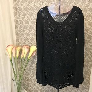 Black Loose Knit Tunic Sweater w/ Bell Sleeves