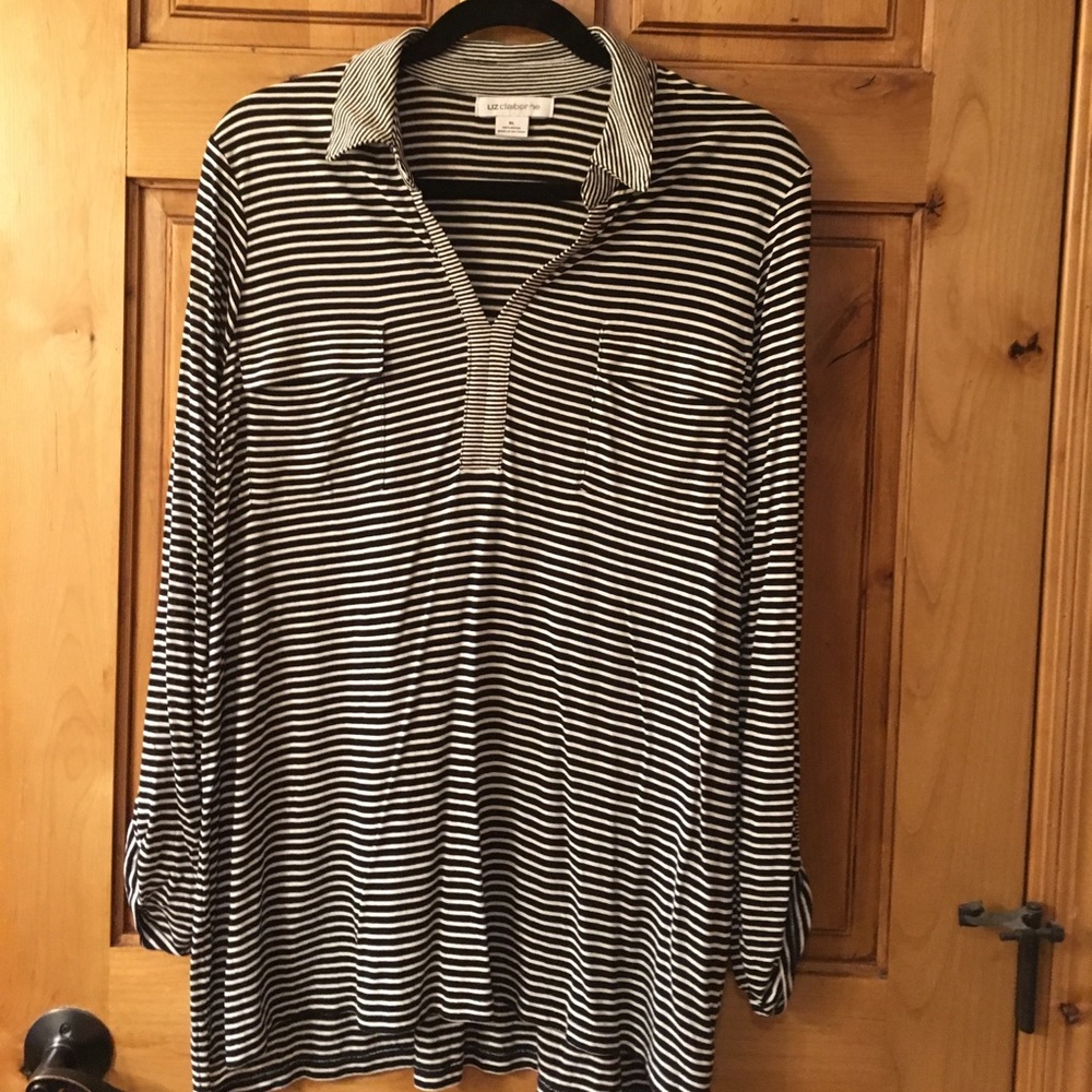 Striped long sleeve tunic with fold down collar