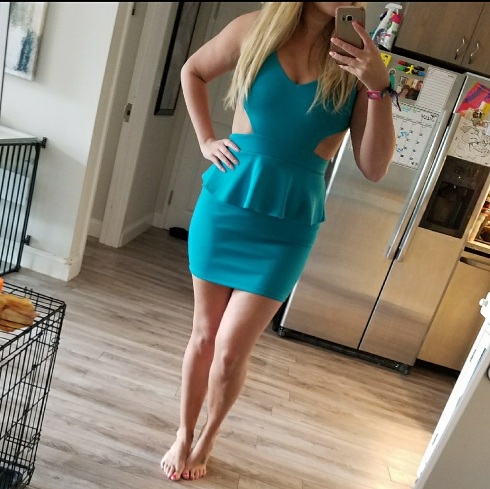 Mystic Teal Open Back Peplum Dress