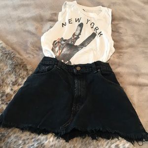 Distressed black denim/jean skirt