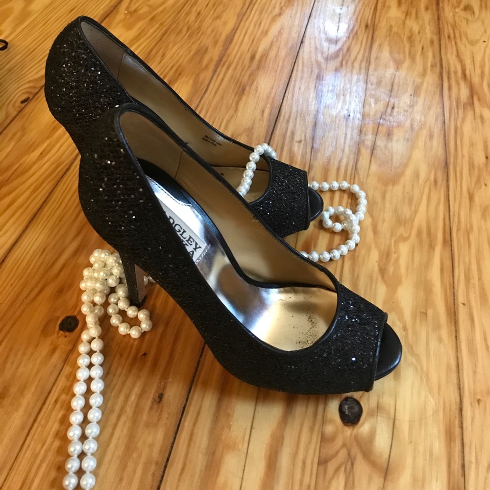 Black, sequine, Badgley Mischka peep toe heels
