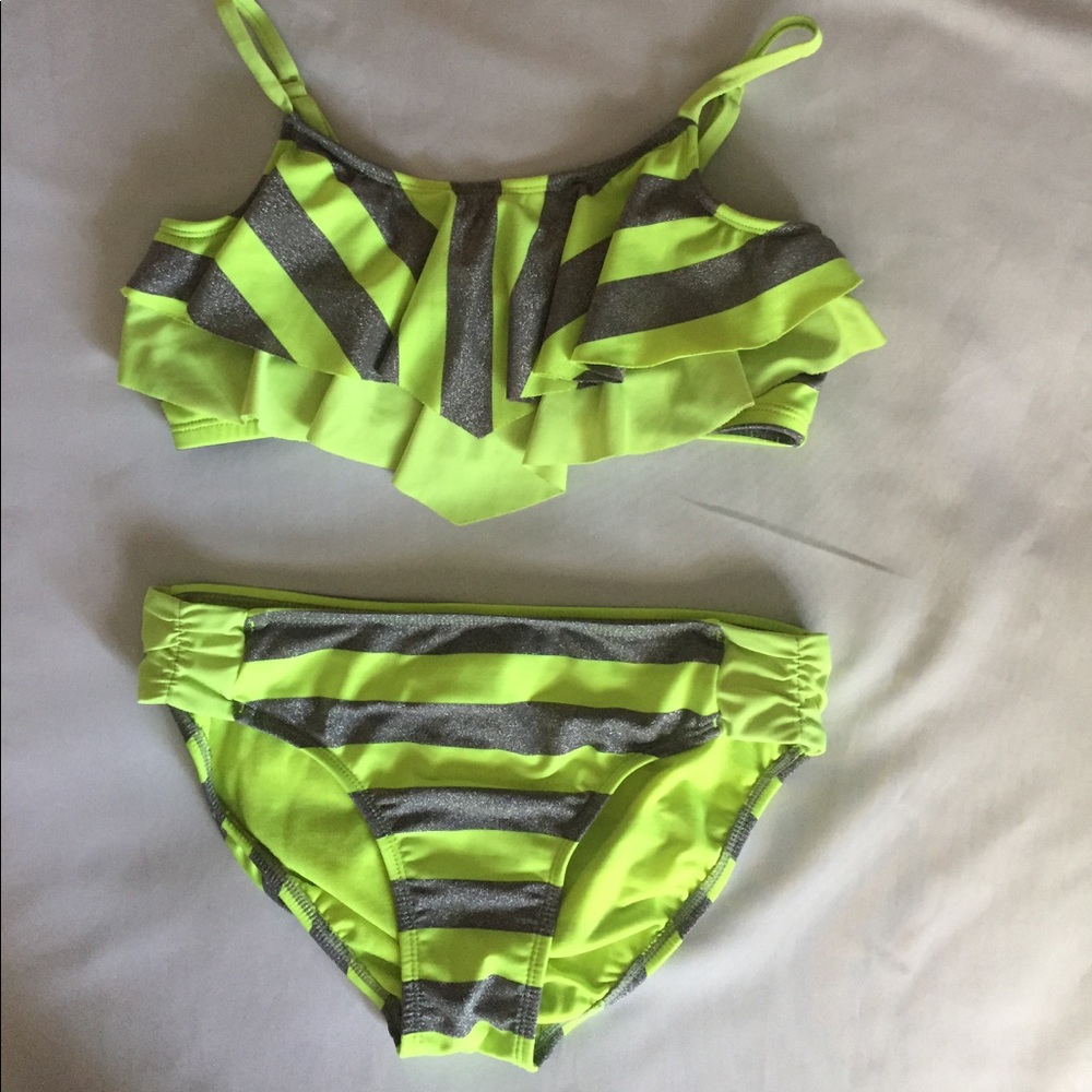 Justice lime green/ silver stripes bathing suit