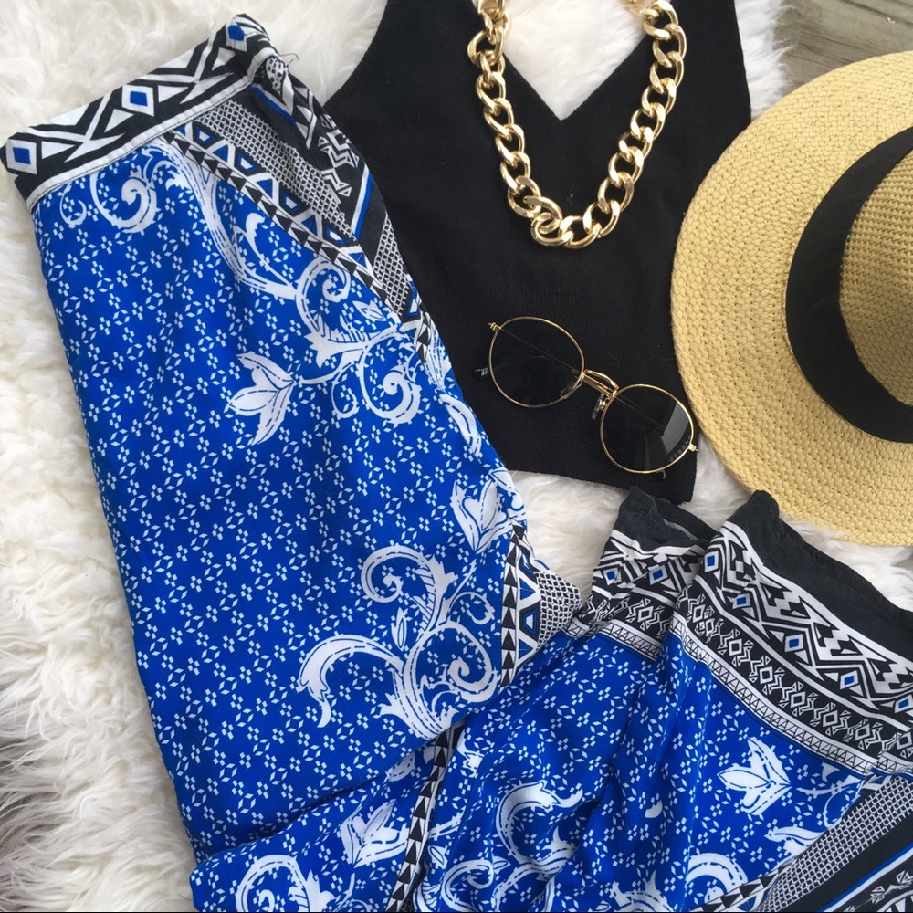 Blue Printed Wide Leg Pants