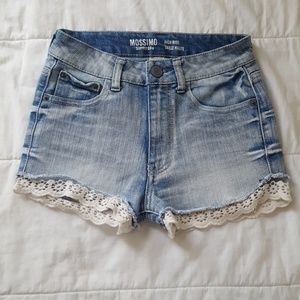 High rise lace trim denim shorts