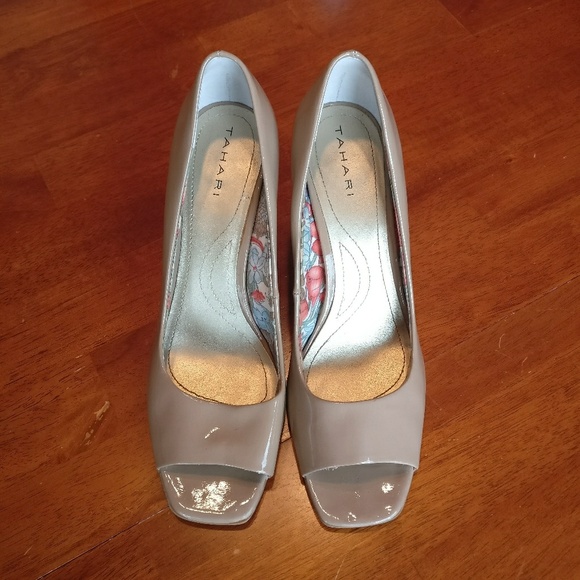 Tahari Shoes - Tahari Riddle Vegan Patent Leather Nude Heels