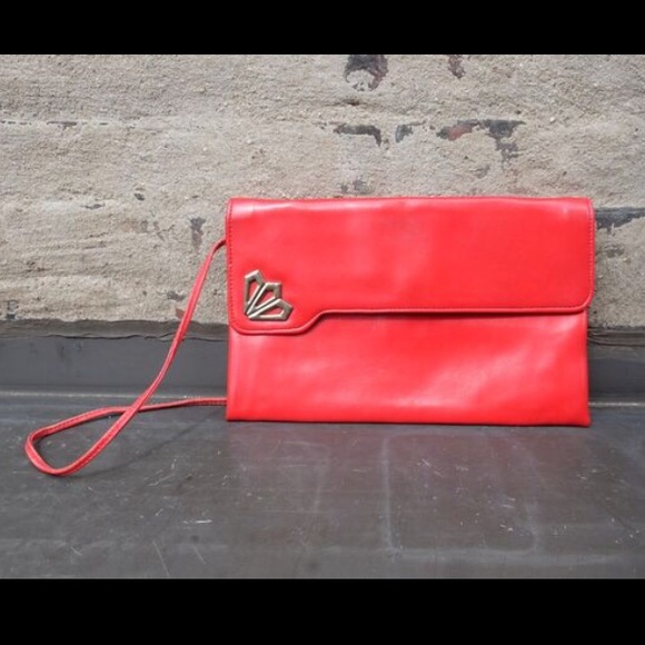 VTG 80s Red Convertible Shoulder Hand Bag Clutch Purse Built-in Compact Mirror - Picture 9 of 16