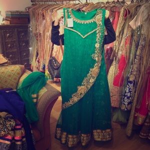 Emerald and gold sari dress