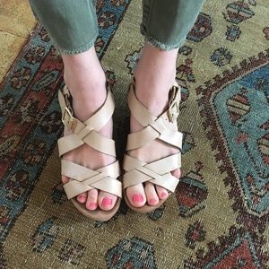 Clarks Nude Ankle Wrap Sandals Cork Wedges Comfy!!