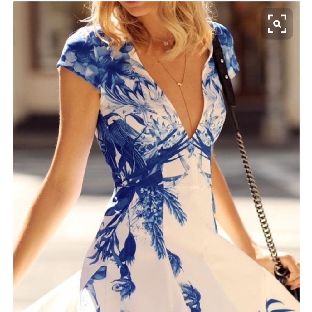 Floral Porcelain Blue Print Plunging Skater Dress