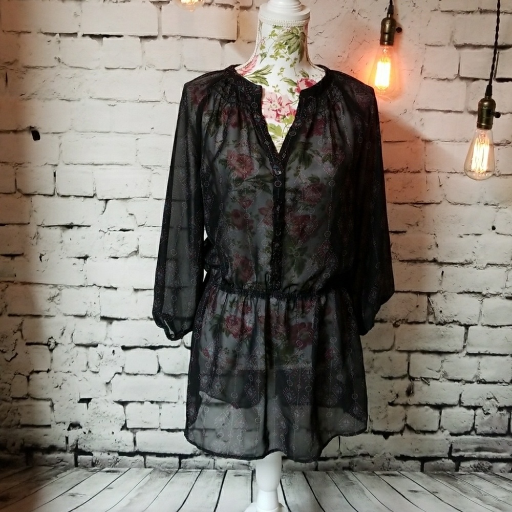 Black sheer top with geometric designs size large