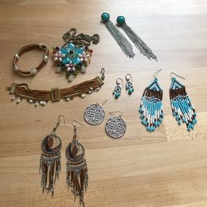 Turquoise, Brown, and Silver Jewelry lot Fossil