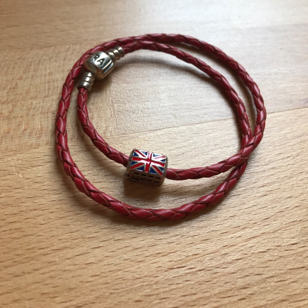 Pandora Red leather bracelet w/ British bus charm