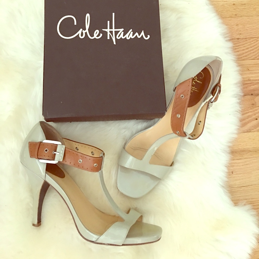 Cole Haan patent heels in feather grey, size 11B