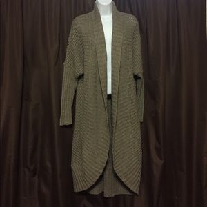 Quinn tan, open front, long, knit cardigan. Medium