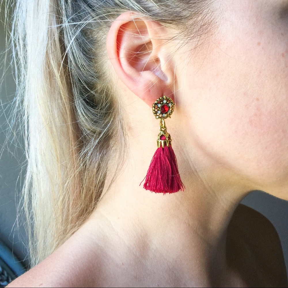 Crimson red bronzed tassel drop dangle earrings - Picture 3 of 7