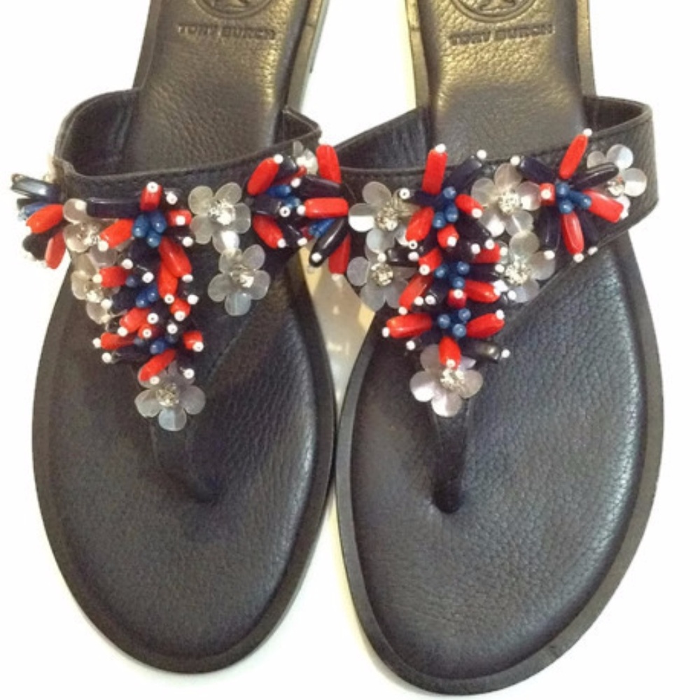 Tory Burch Lucy Thong Floral Beaded Sandals Sz 8